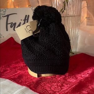 C.C Black Knit Beanie with Pom Pom